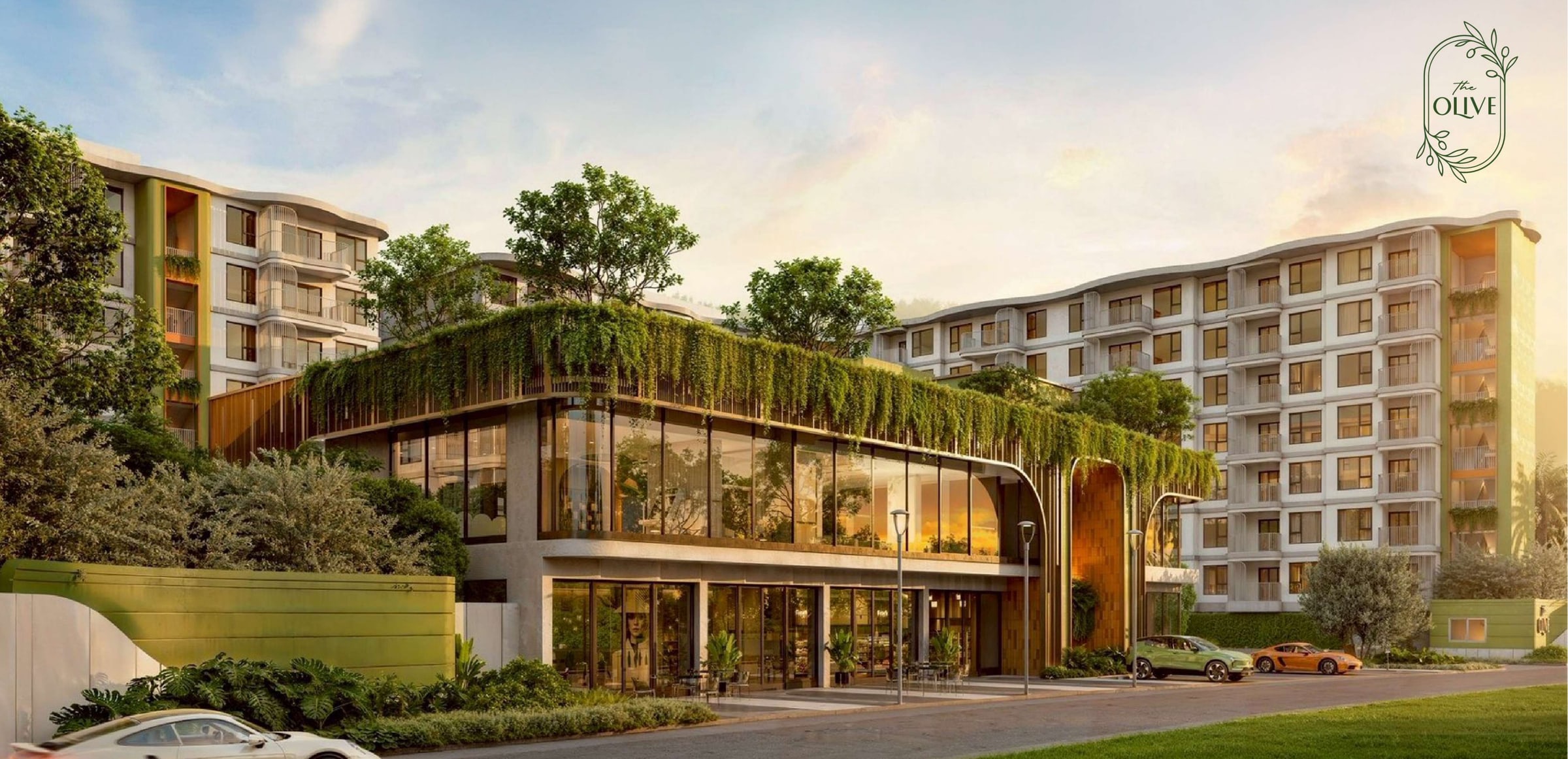 The Olive Phuket — facade render, two 8-storey buildings in Nai Yang. Clickable pins: Building A, facility block, Building B.